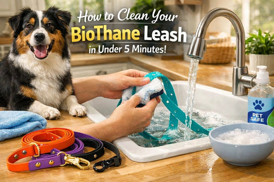 Washing teal BioThane dog leash in sink with mild soap and Australian Shepherd